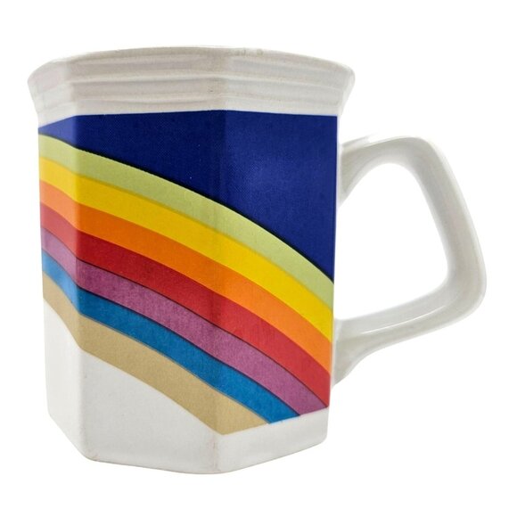 Vintage Rainbow Stripes Octagon Ceramic Mug Retro Pride - Picture 2 of 10